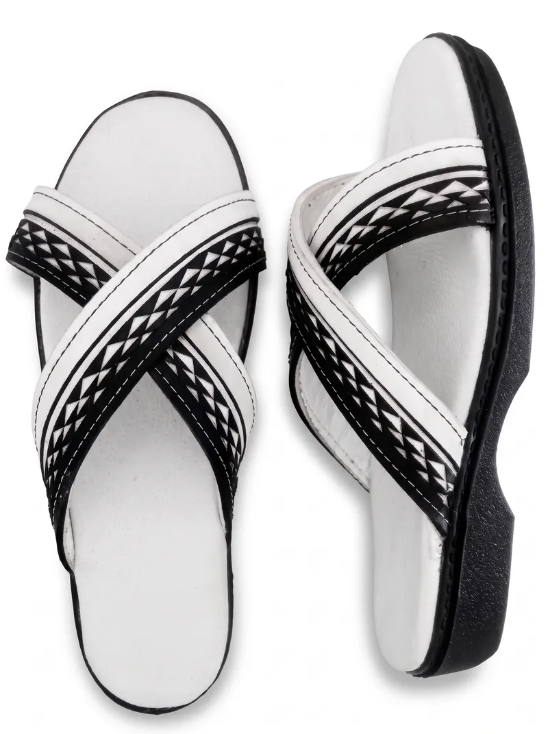Za Sandals Zulu print cross-strap sandals from above, black and white straps on white footbeds